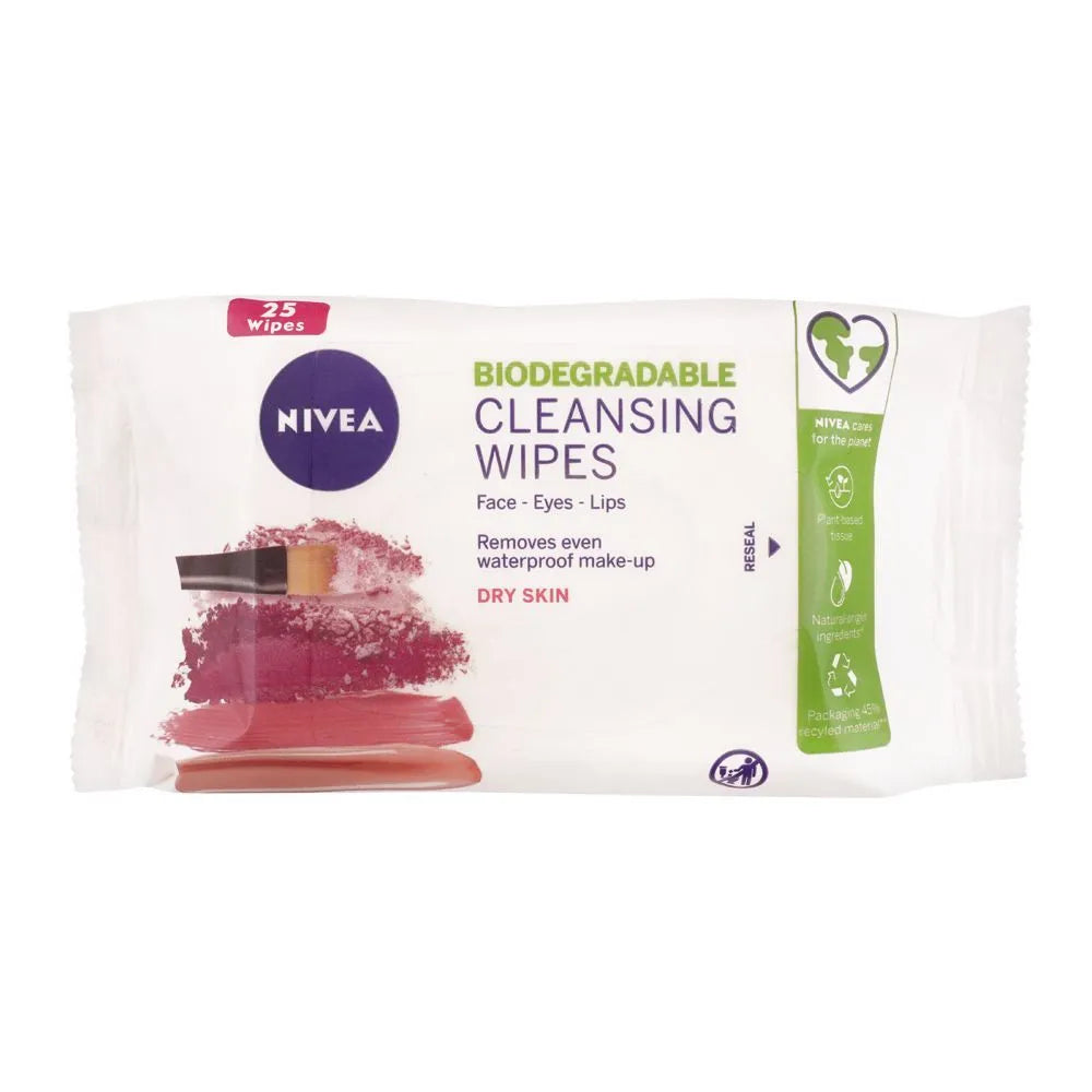 Nivea Biodegradable Dry Skin Cleansing Wipes, Removes Even Waterproof Makeup, 25-Pack