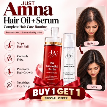 Just Amna Hair Oil + Serum Complete Hair Care Routine – BUY 1 GET 1 – Anti-Hair Fall & Frizz Control Duo
