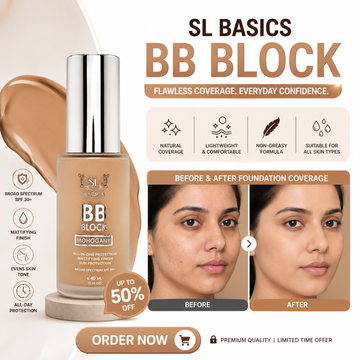 SL Basics BB Block – Flawless Coverage, Everyday Confidence – Broad Spectrum SPF 30+ – Mattifying Finish – Evens Skin Tone, Lightweight, Non-Greasy – All-in-One Protection