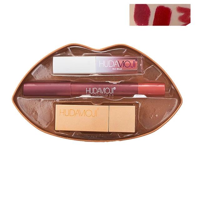 3 in 1 Hudamoji Set Velvet Matte Lipstick , Waterproof Lip Pencil & Lip Gloss Set