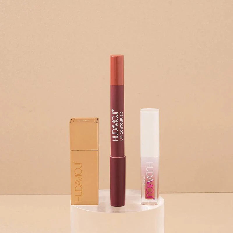 3 in 1 Hudamoji Set Velvet Matte Lipstick , Waterproof Lip Pencil & Lip Gloss Set