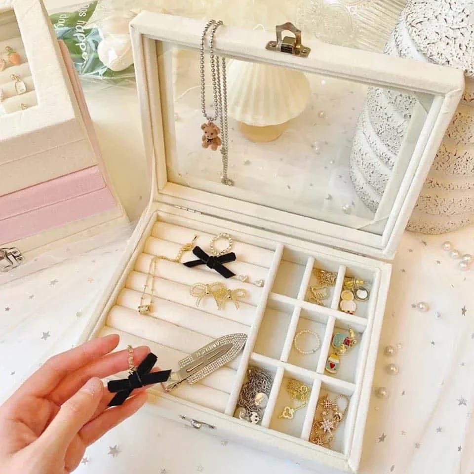 Velvet Glass Ring Earring Jewelry Display Organizer Box