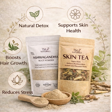 SL Naturals Ashwagandha Root Powder + Skin Tea Duo | Natural Detox for Skin, Hair & Mind