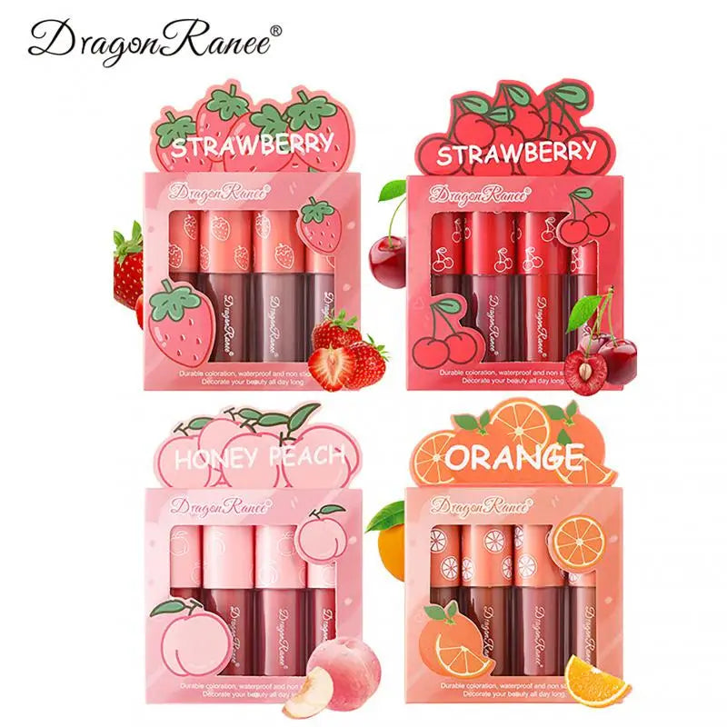 Dragon Ranee 4 Pcs Velvet Matte Lip Glaze Set Fruit Gloss Lip