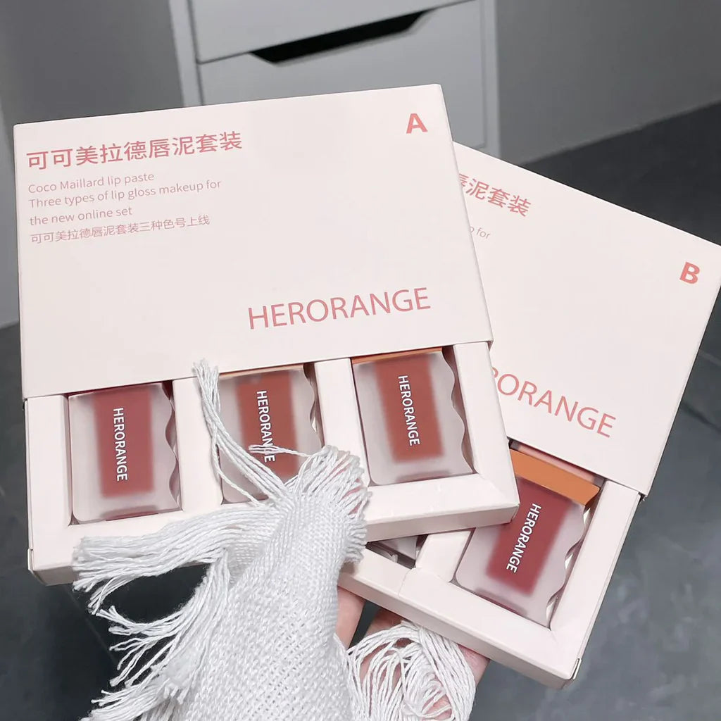 HERORANGE 3pcs New Cocoa Maillard Matte Lip Gloss Set