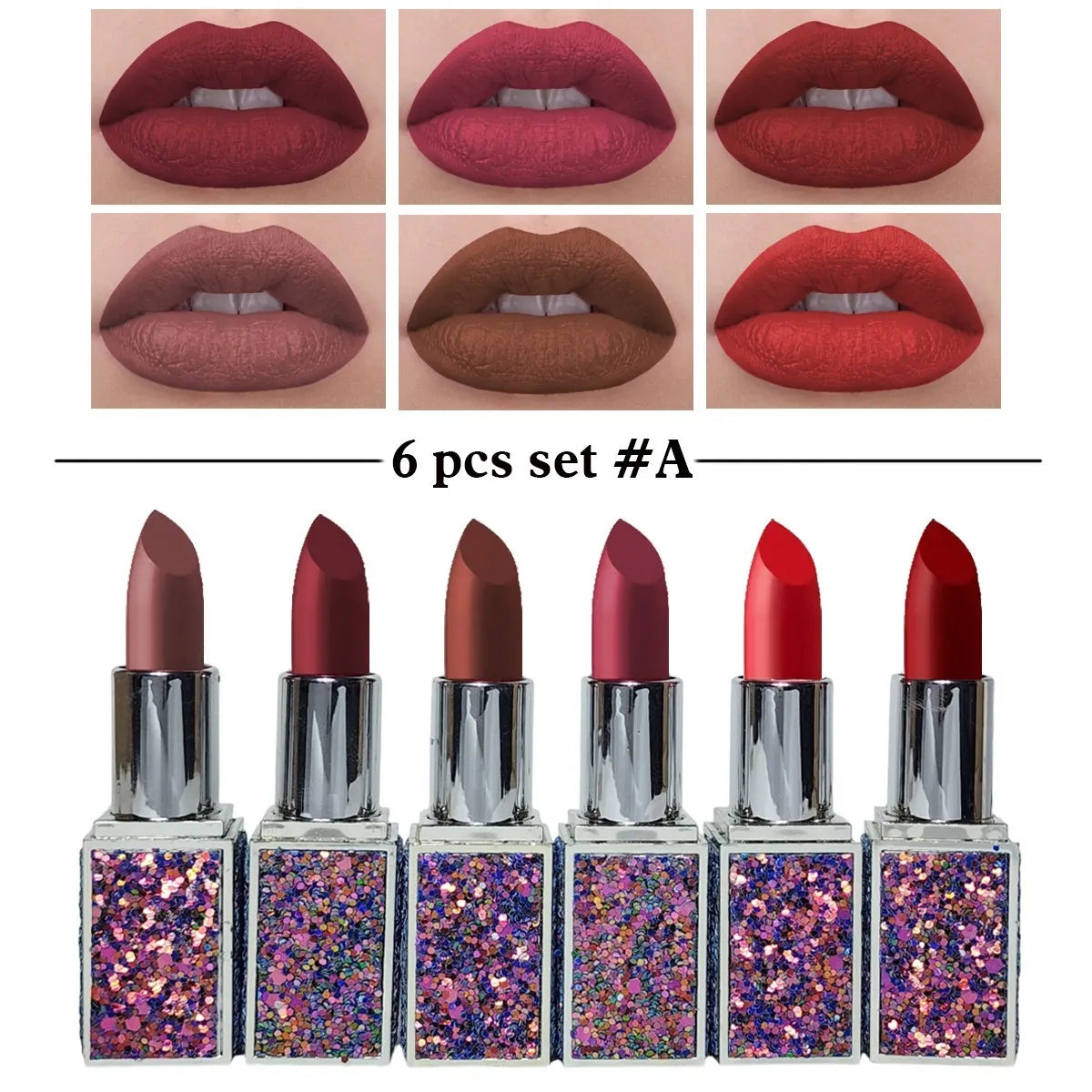 Heng Fang - 6pcs Glitter Matte Finish Casing Matte Lipstick 2 Set