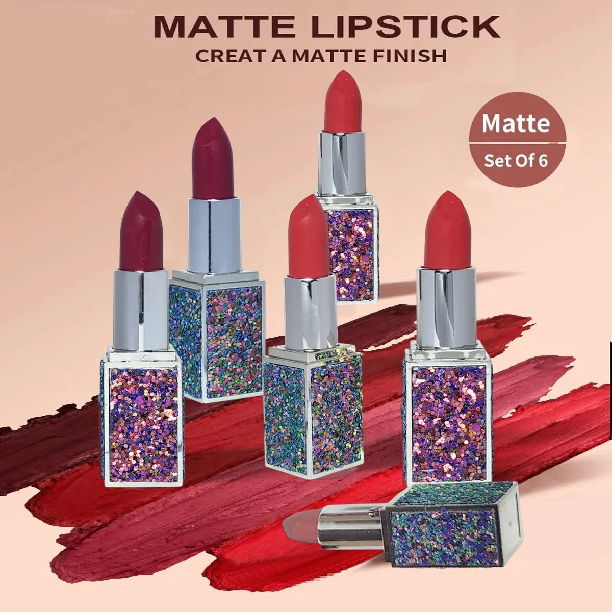 Heng Fang - 6pcs Glitter Matte Finish Casing Matte Lipstick 2 Set