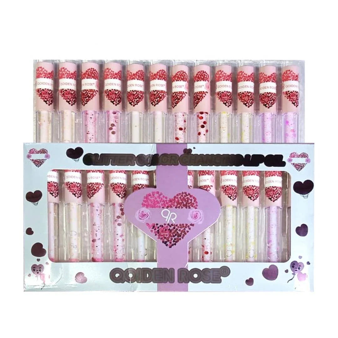 Qoiden Rose QR Glitter Color Changing Lip Oil Set (12Pcs)