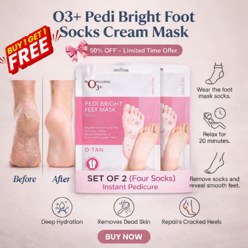 O3+ Pedi Bright Foot Socks Cream Mask | D-Tan, Deep Hydration & Cracked Heel Repair | Salon Pedicure at Home | Buy 1 Get 1 Free