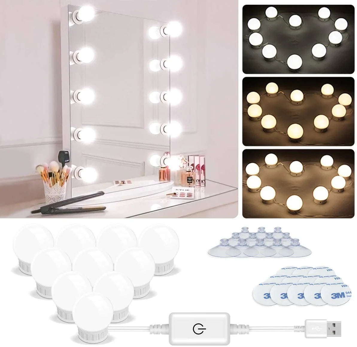 Vanity Light LED Bulbs for Makeup Mirror Stand | 10 Bulbs with 3 Light Modes