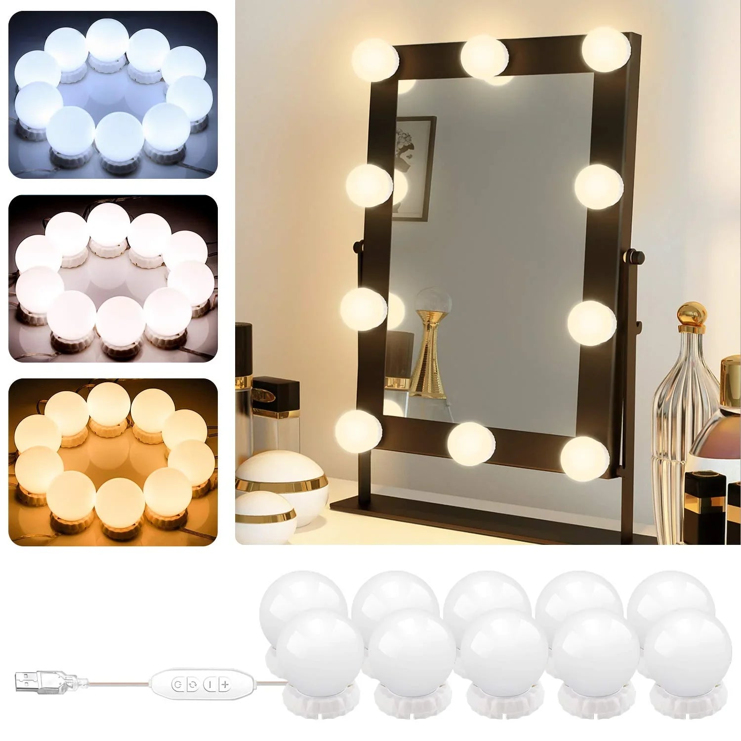 Vanity Light LED Bulbs for Makeup Mirror Stand | 10 Bulbs with 3 Light Modes