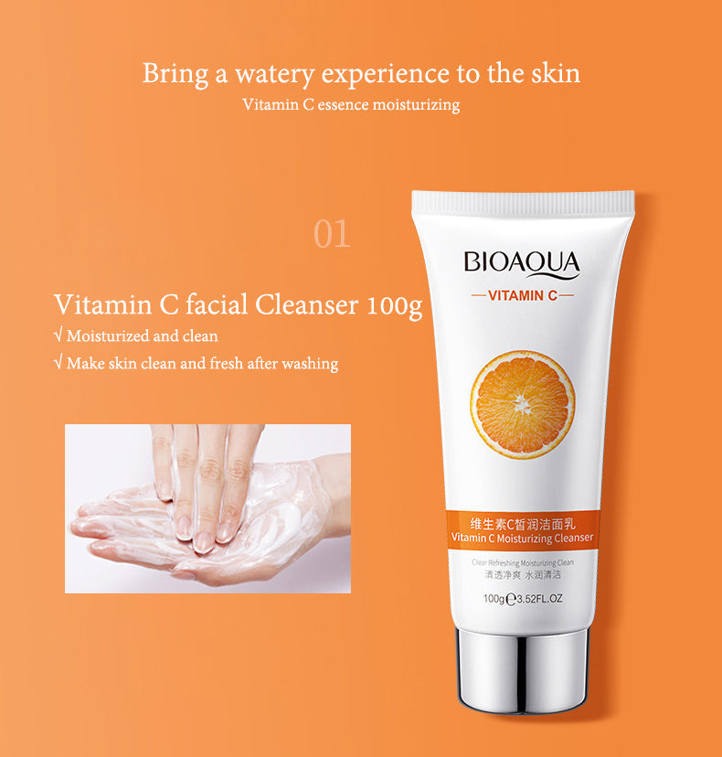 BIOAQUA 6 Pcs Vitamin C Skin Care Set Moisturizing Anti-aging Face Cream Serum Facial Cleanser Skin Care